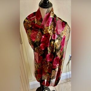 Floral Sheer Scarf Shawl Wrap Light Weight w/ Pink Brown Flowers 60x12 in Silky